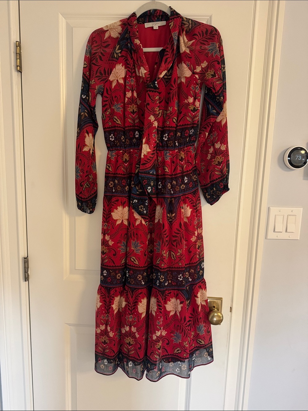 LOFT Red Floral Tie-Neck Long Sleeve Midi Dress